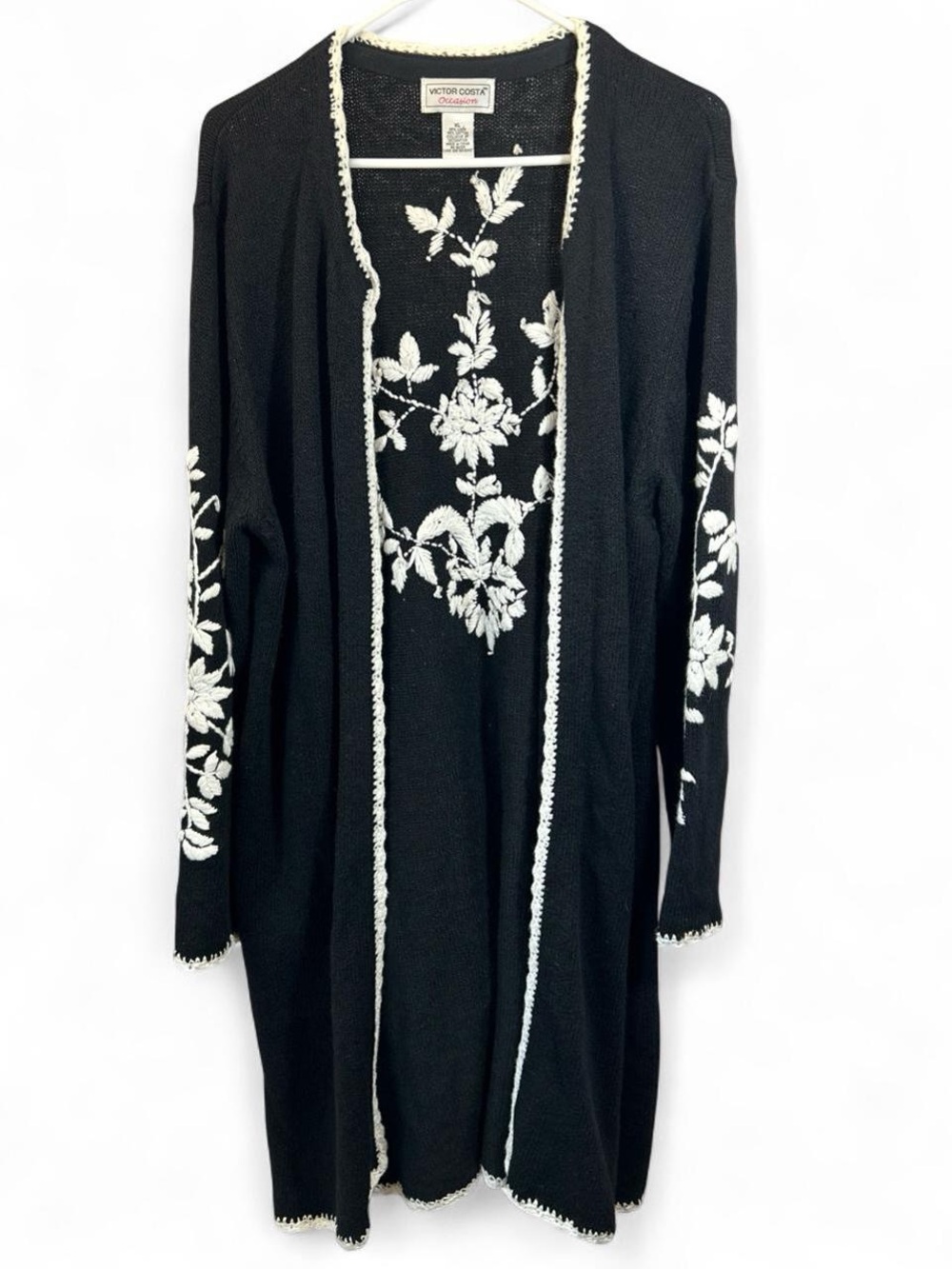 Victor Costa Occasions Black Knit Cardigan with‎ White Floral Embroidery Vintage